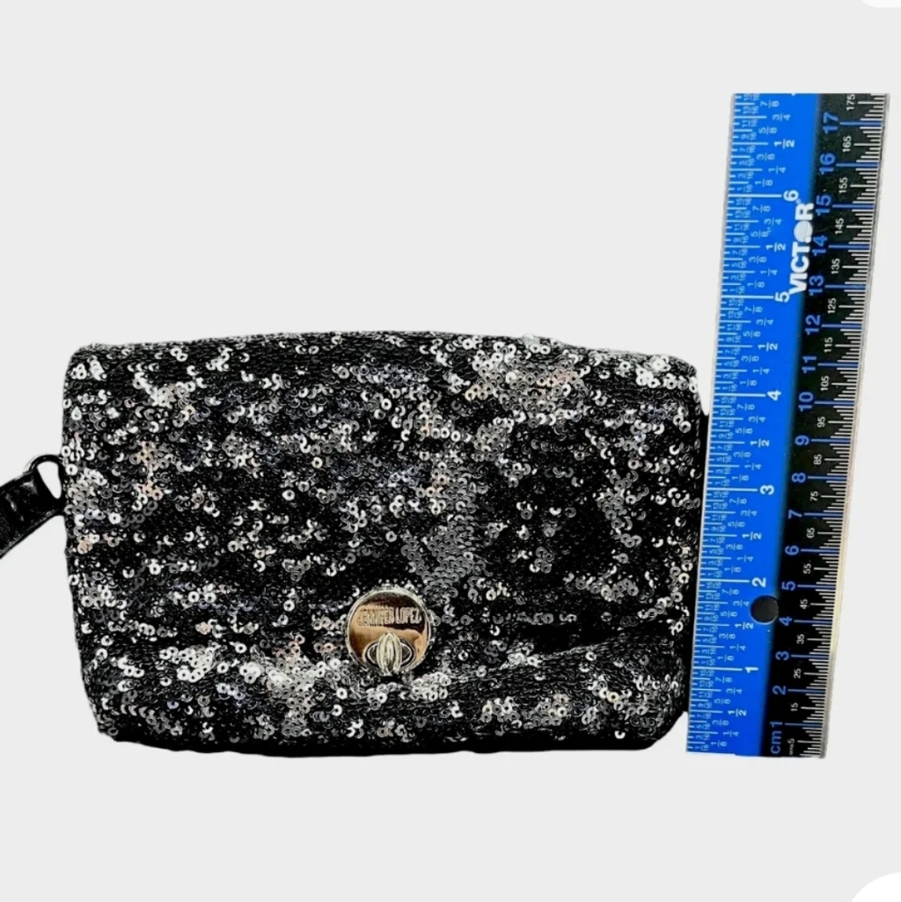 Jennifer Lopez Black/Silver Sequin Women's Fold Over Clutch JLO Y2K Wristlet - Picture 6 of 10